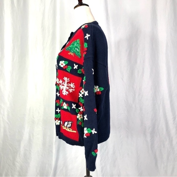 Vintage early 90s Christmas sweater intarsia embroidered navy red white scenic M - Picture 6 of 10